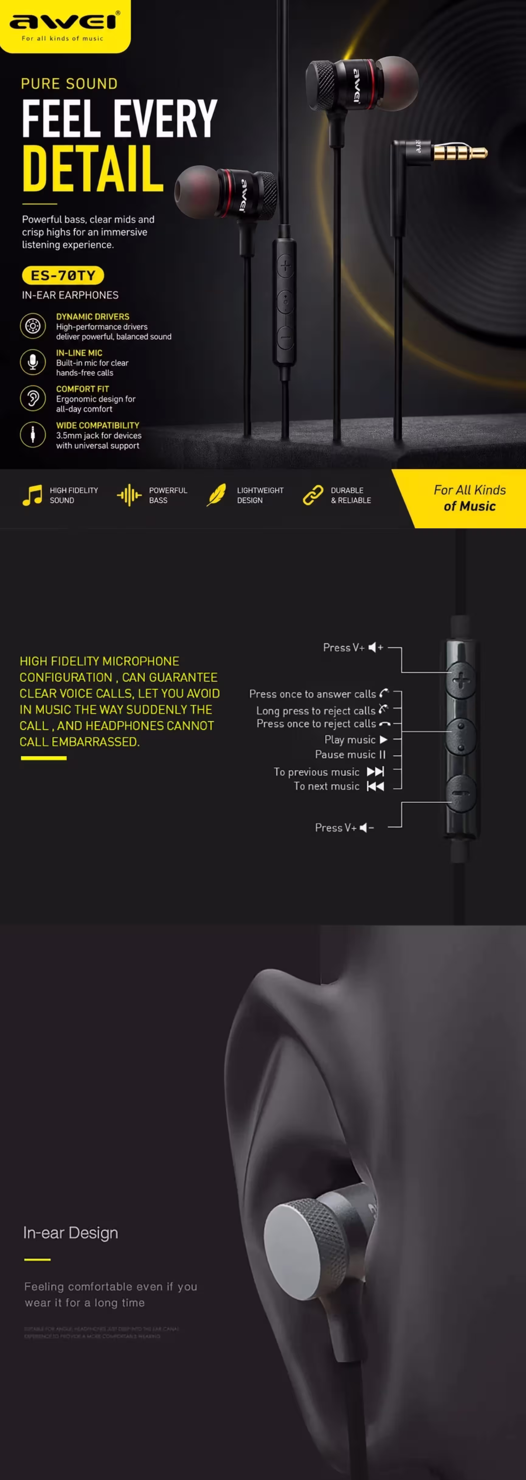 Awei ES-70TY Stereo Earphones Infographic