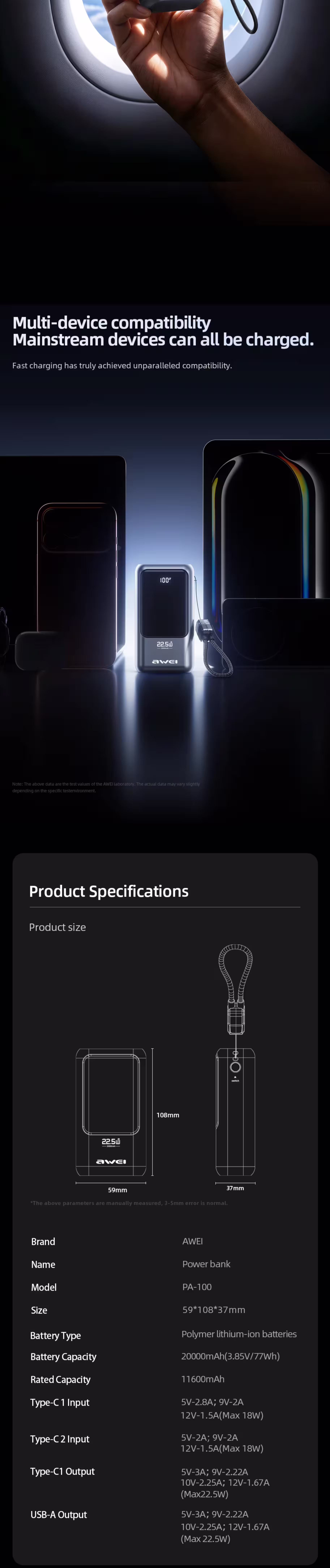 Awei PA-100 20000mAh Powerbank Infographic TechPedia