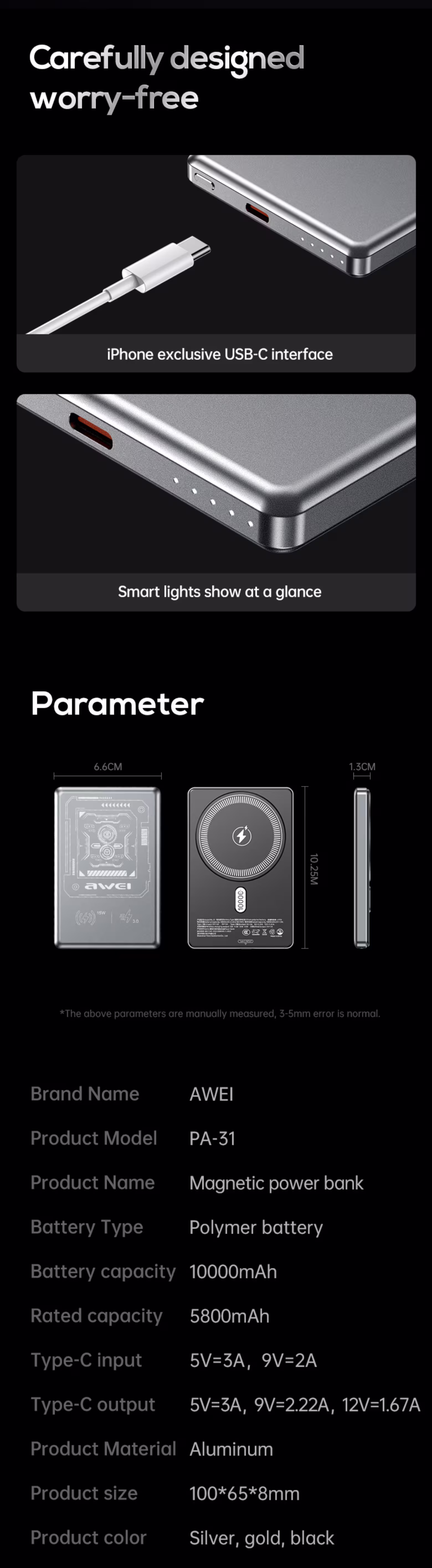 Awei PA-31 10000mAh Wireless Charging Powerbank Infographic2