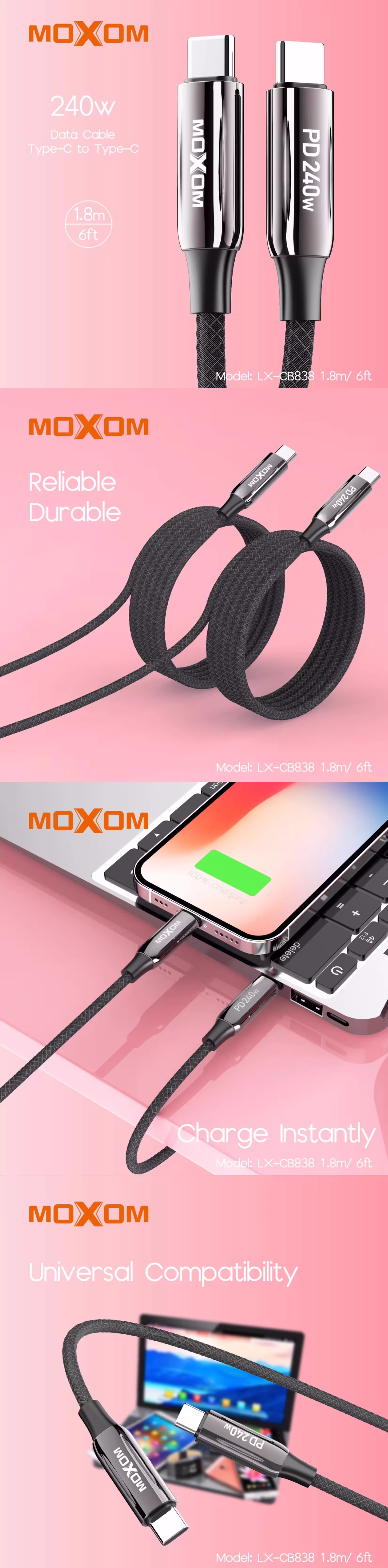 Moxom 240W PD Type-C To Type-C (LX-CB838) Cable Infographic