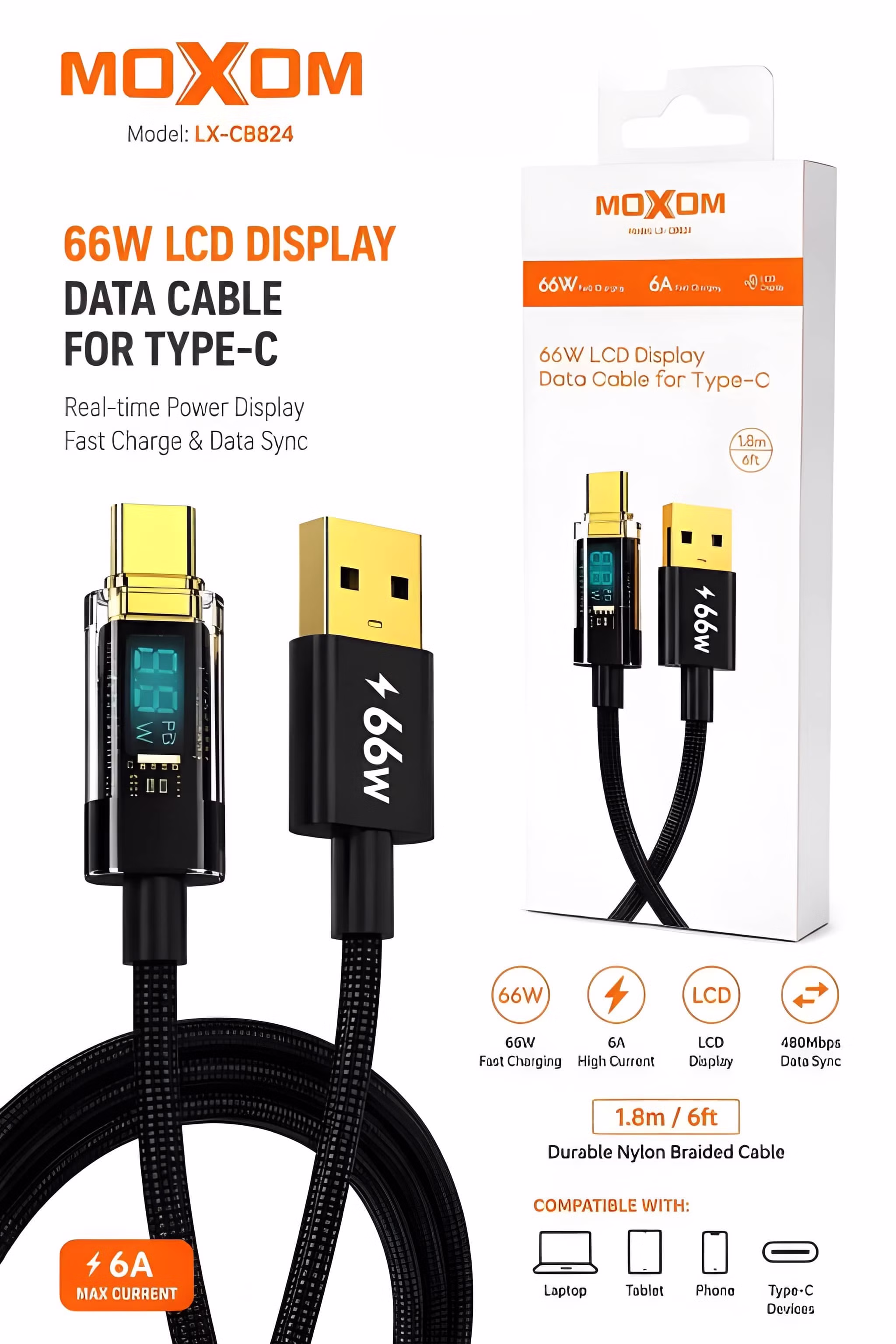 Moxom LX-CB824 66W USB to Type-C Fast Charging Infographic