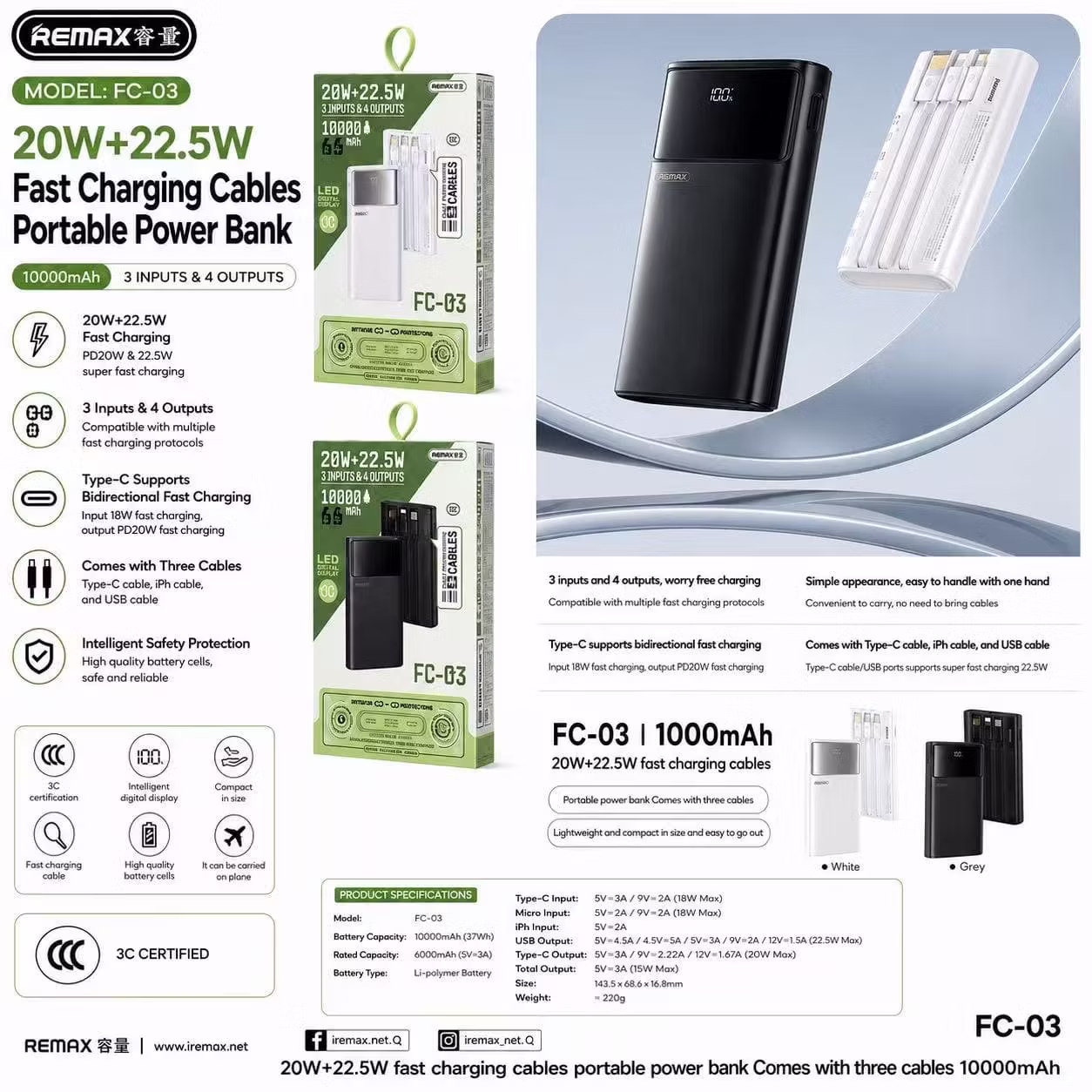 Remax FC-03 10000mAh Power Bank Infographic