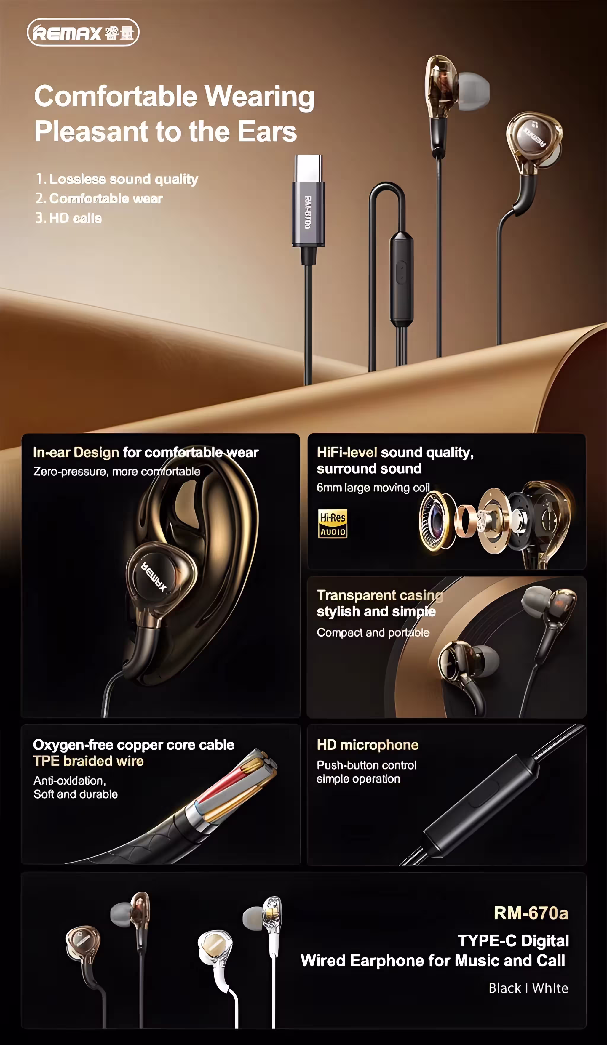 Remax RM-655a Type-C Metal Wired Earphones Infographic