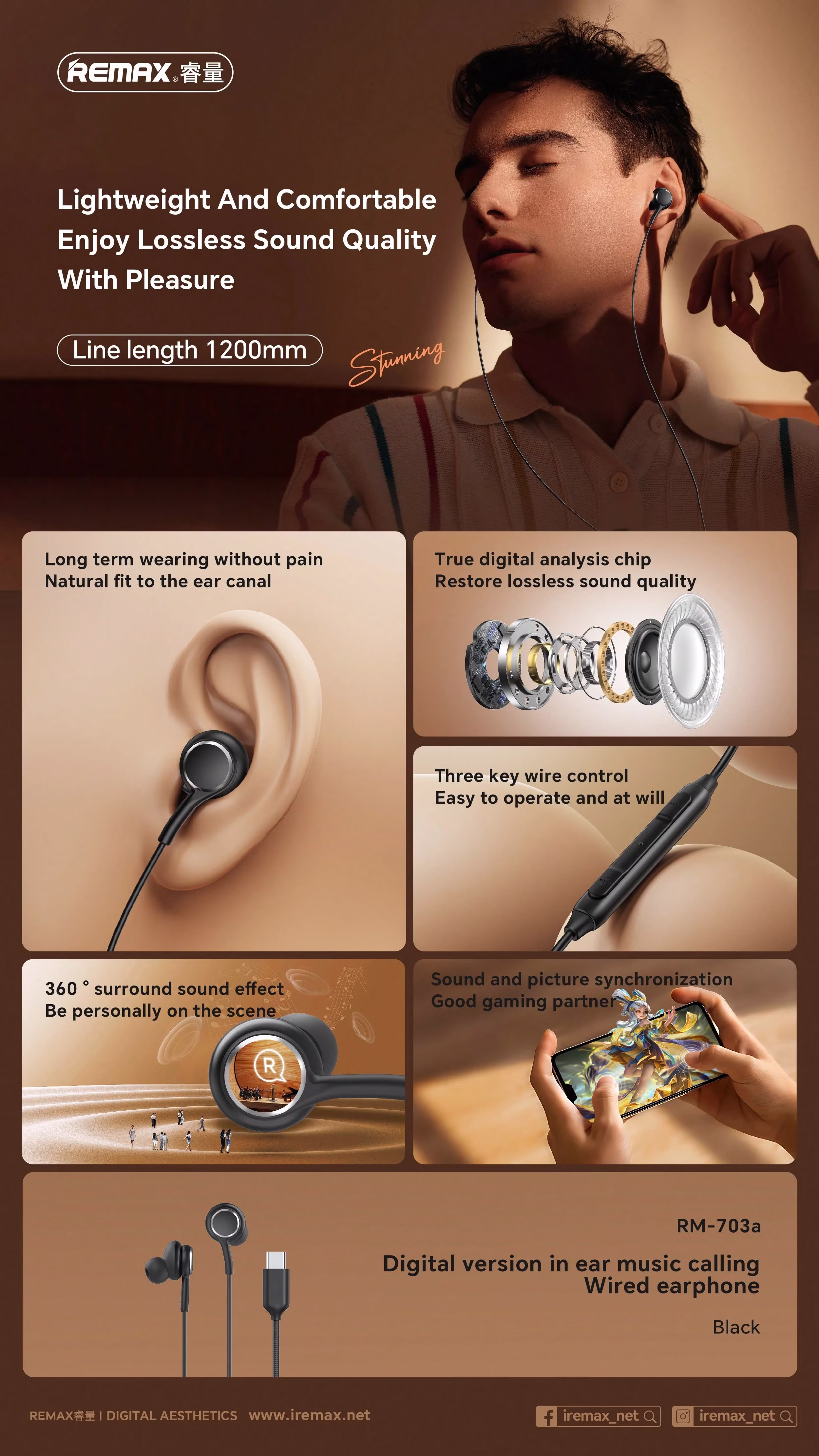 Remax RM-703A Type-C Wired Earphones Infographic