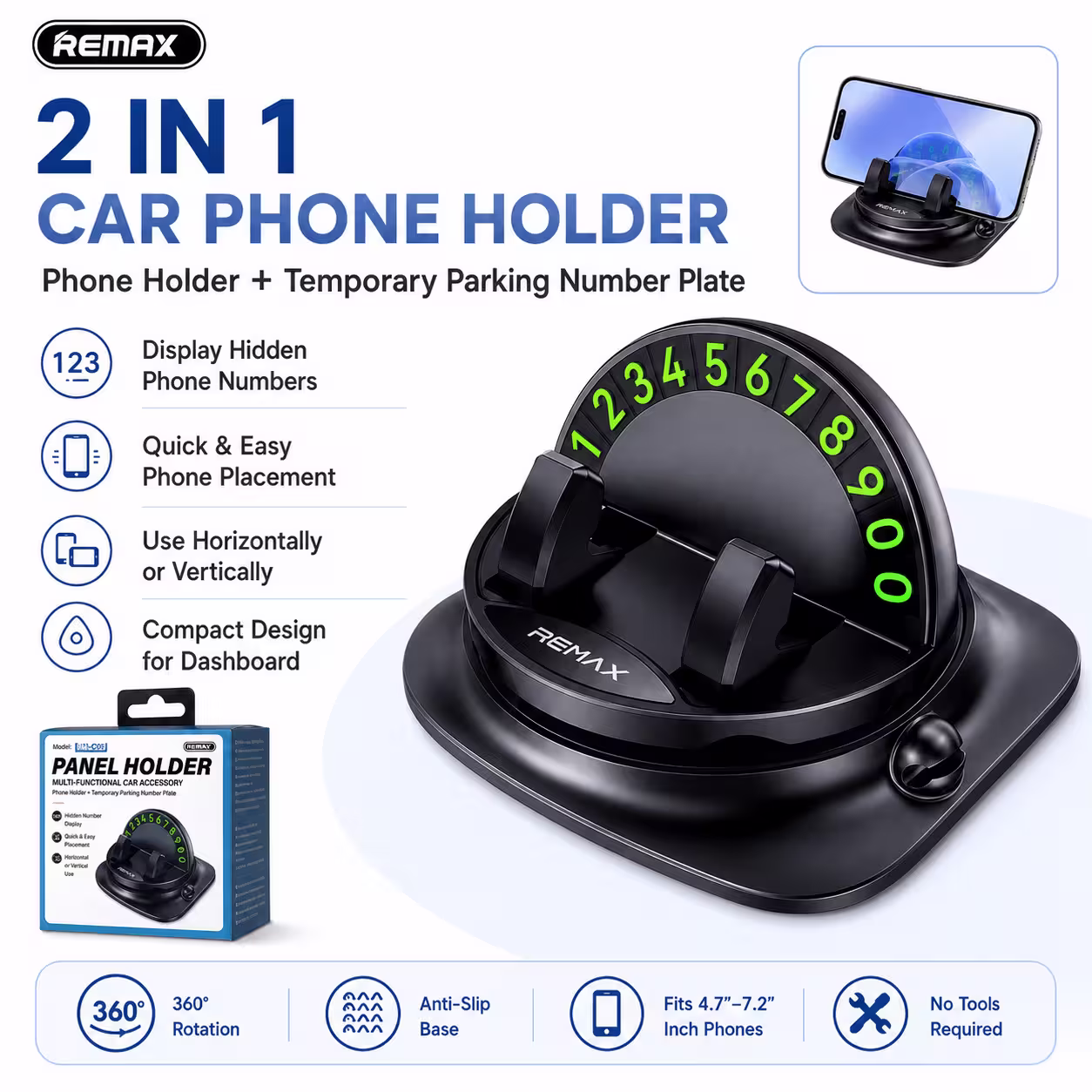 Remax RM-C08 360° Rotatable Dashboard Mount Phone Holder Infographic