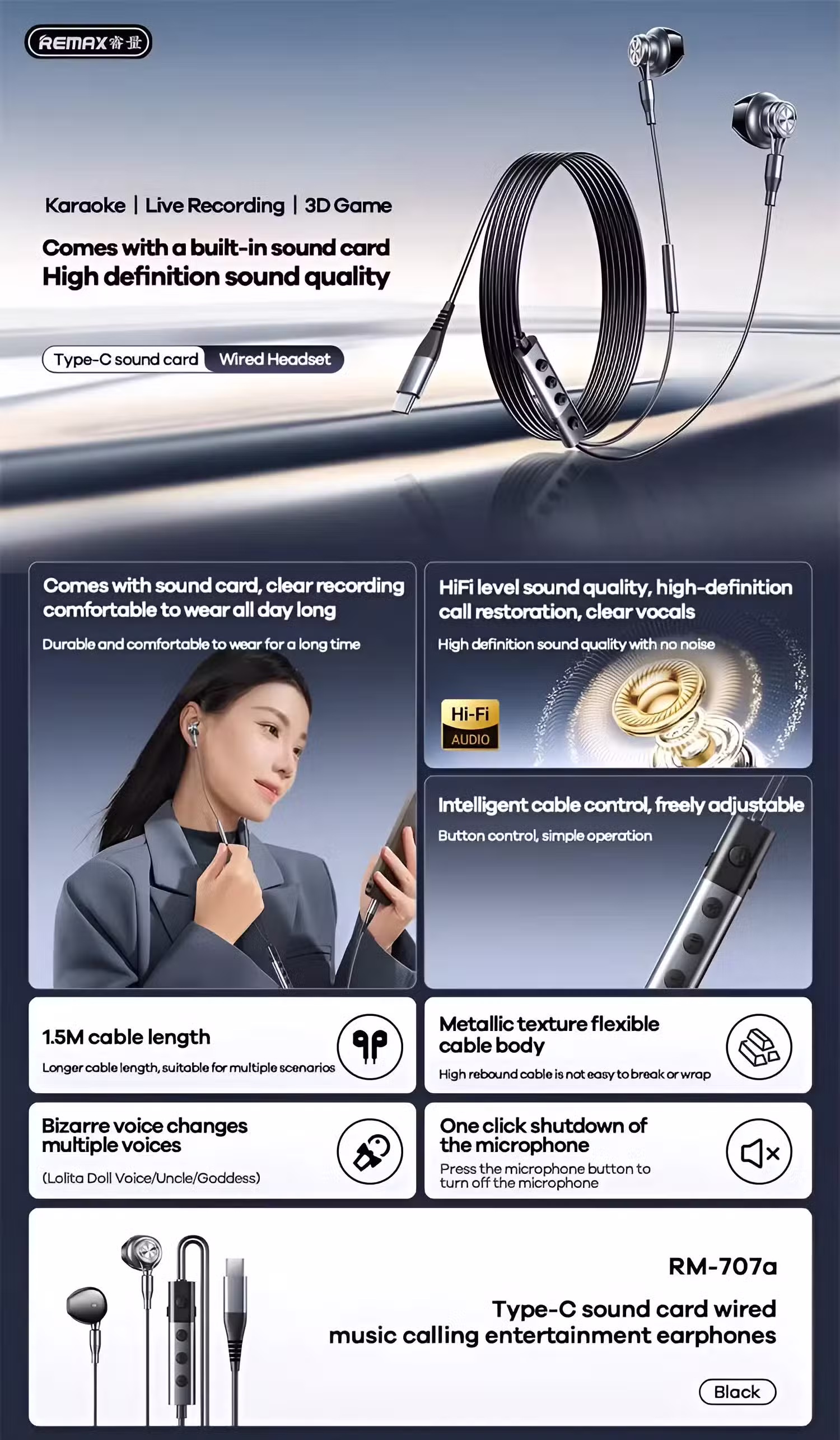Remax Type-C Wired Earphone RM-707a Infographic