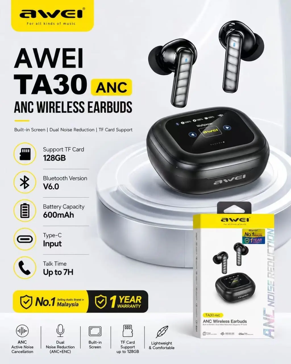 Awei TA30 Smart Touch Screen Earbuds Infographic