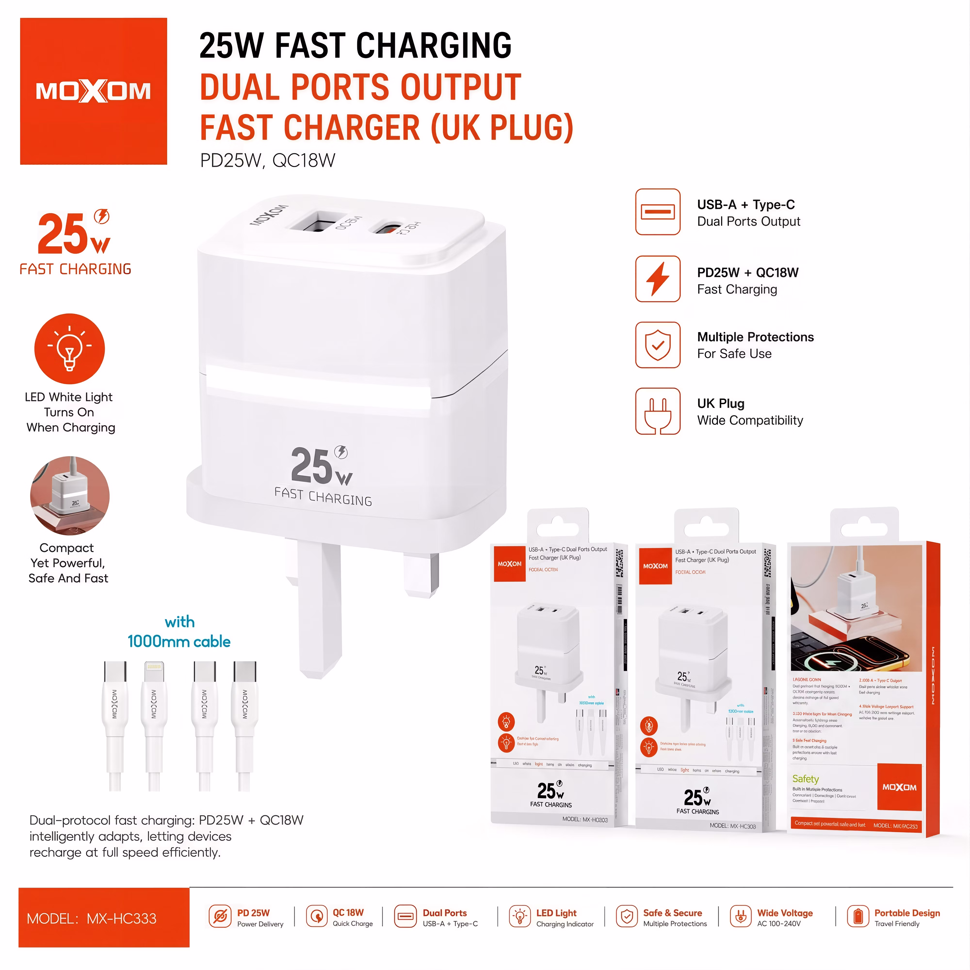 Moxom MX-HC333 25W USB-C & USB-A Fast Charger
