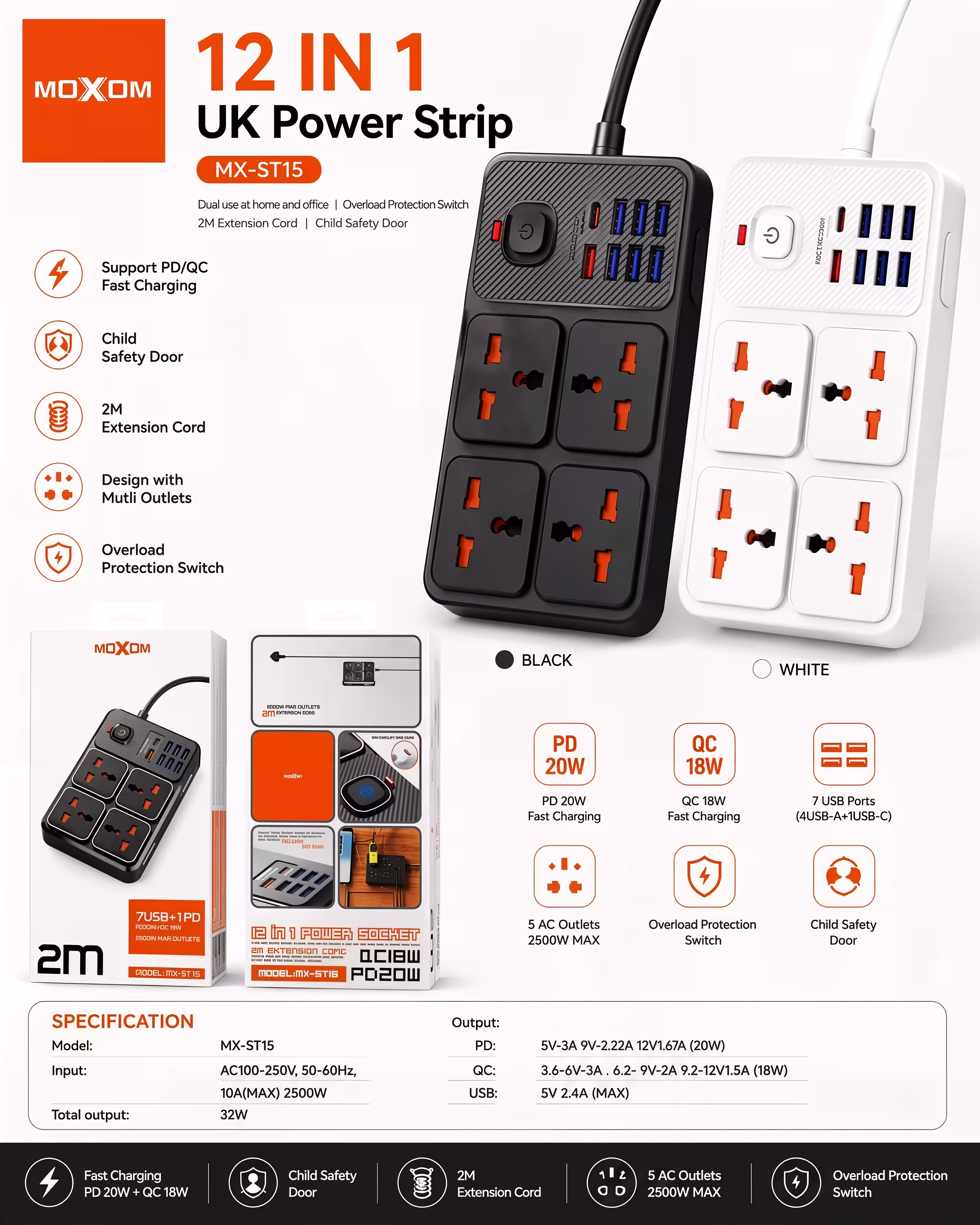 Moxom MX-ST15 2500W 12-in-1 UK Power Strip Infographic