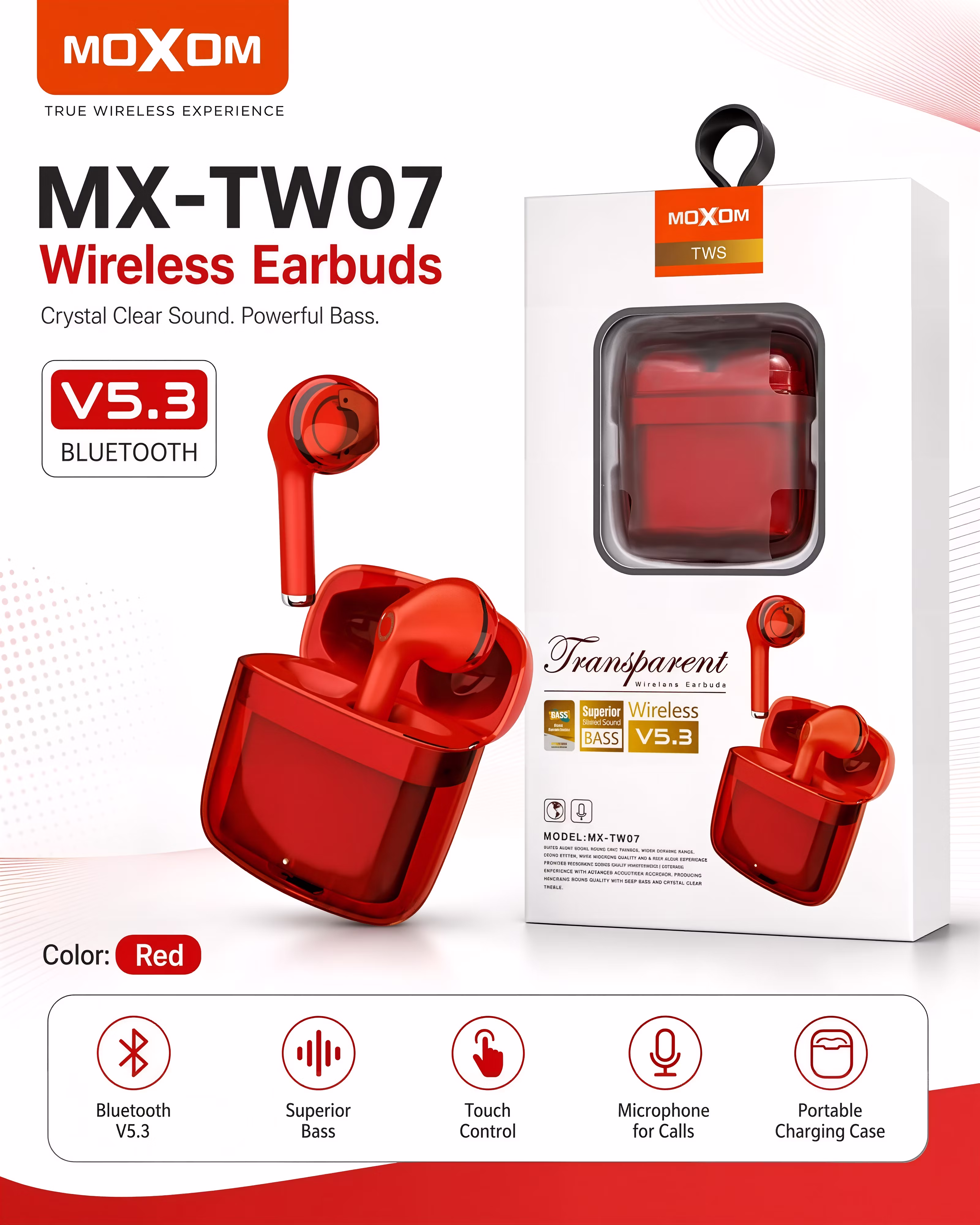 Moxom MX-TW07 Transparent Wireless Earbuds Infographic