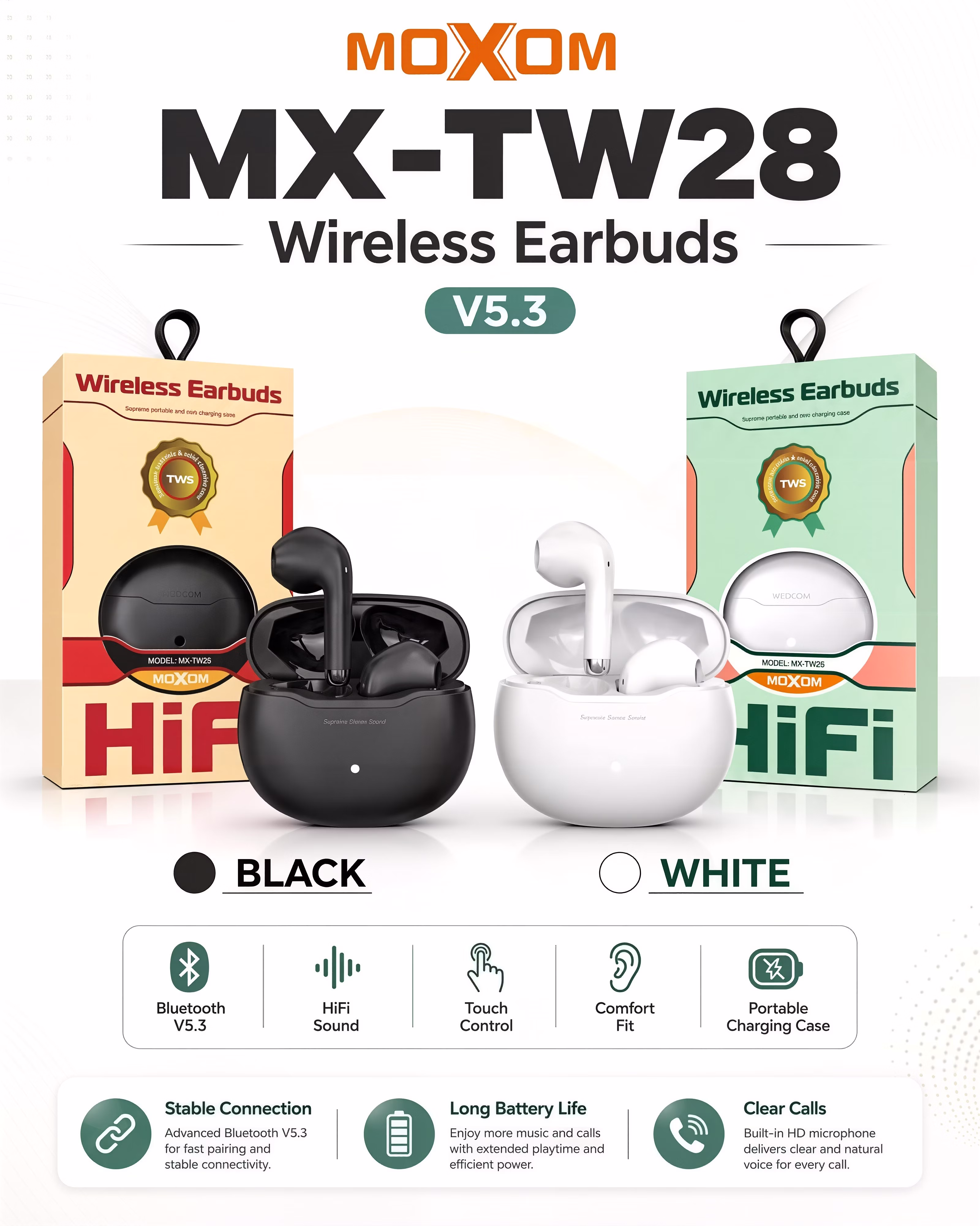 Moxom MX-TW28 TWS Earbuds Infographic
