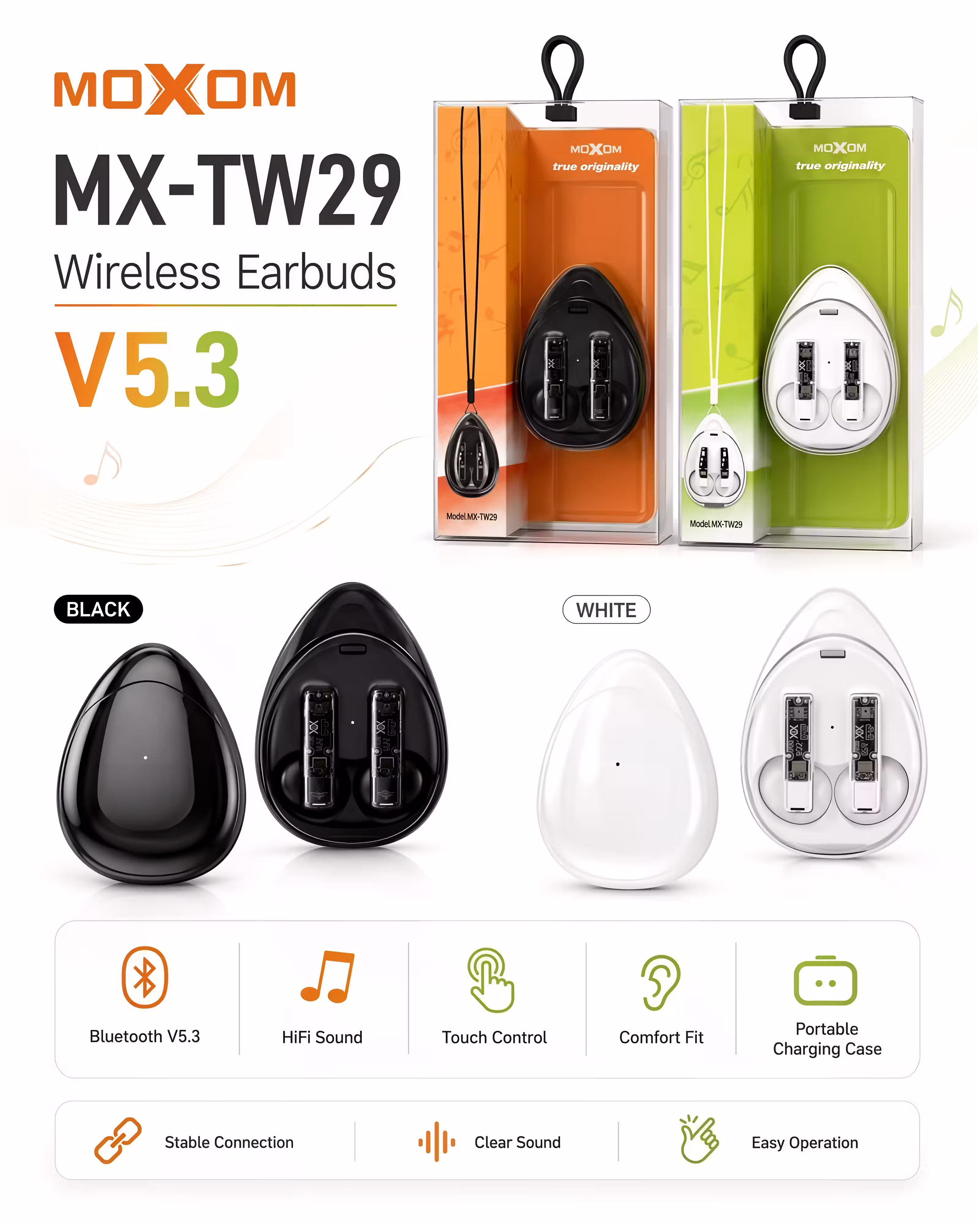 Moxom MX-TW29 Earbuds Infographic