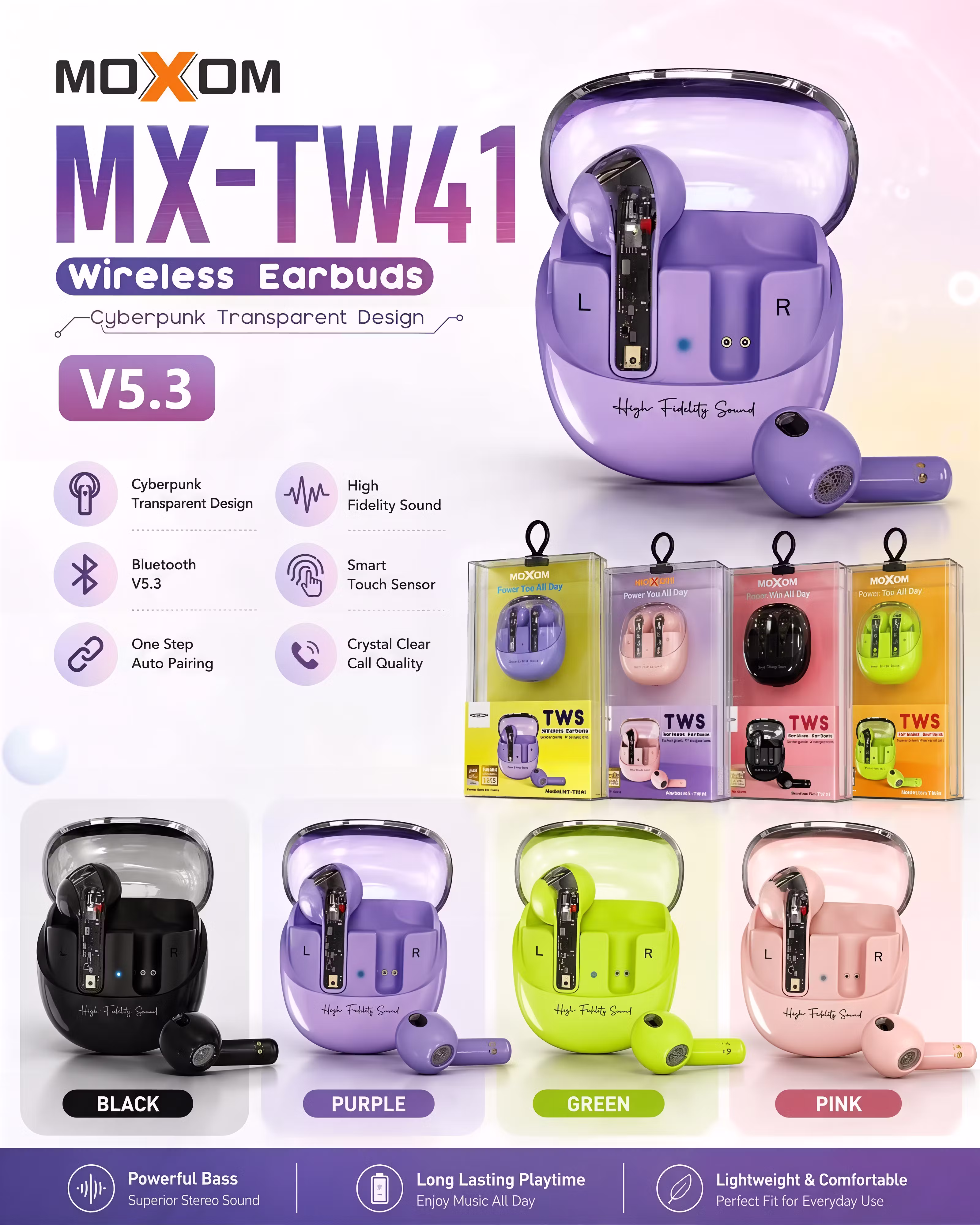 Moxom MX-TW41 Cyberpunk TWS Earbuds Infographic