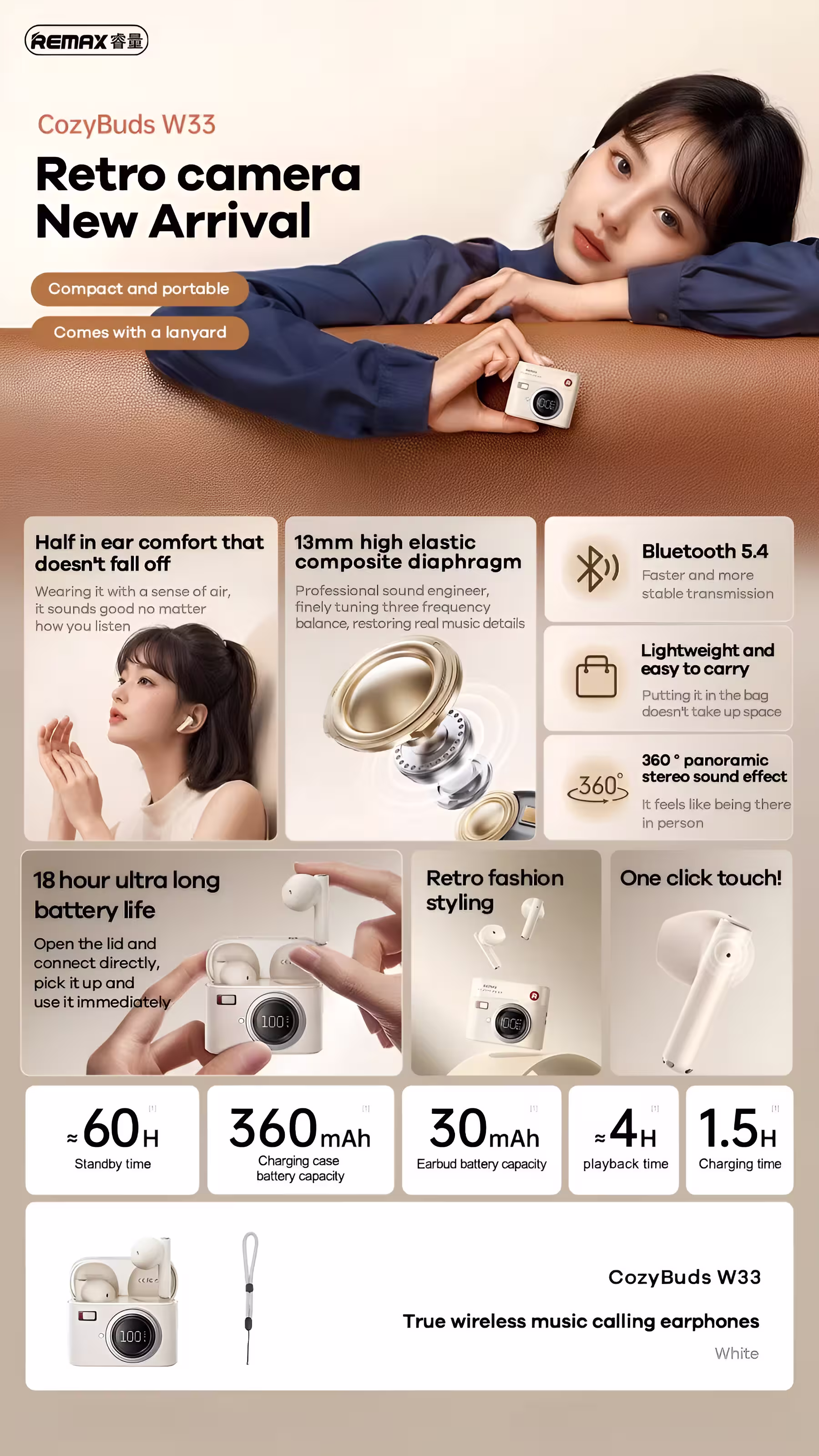 Remax CozyBuds W33 Retro Camera Design Earbuds Infographic