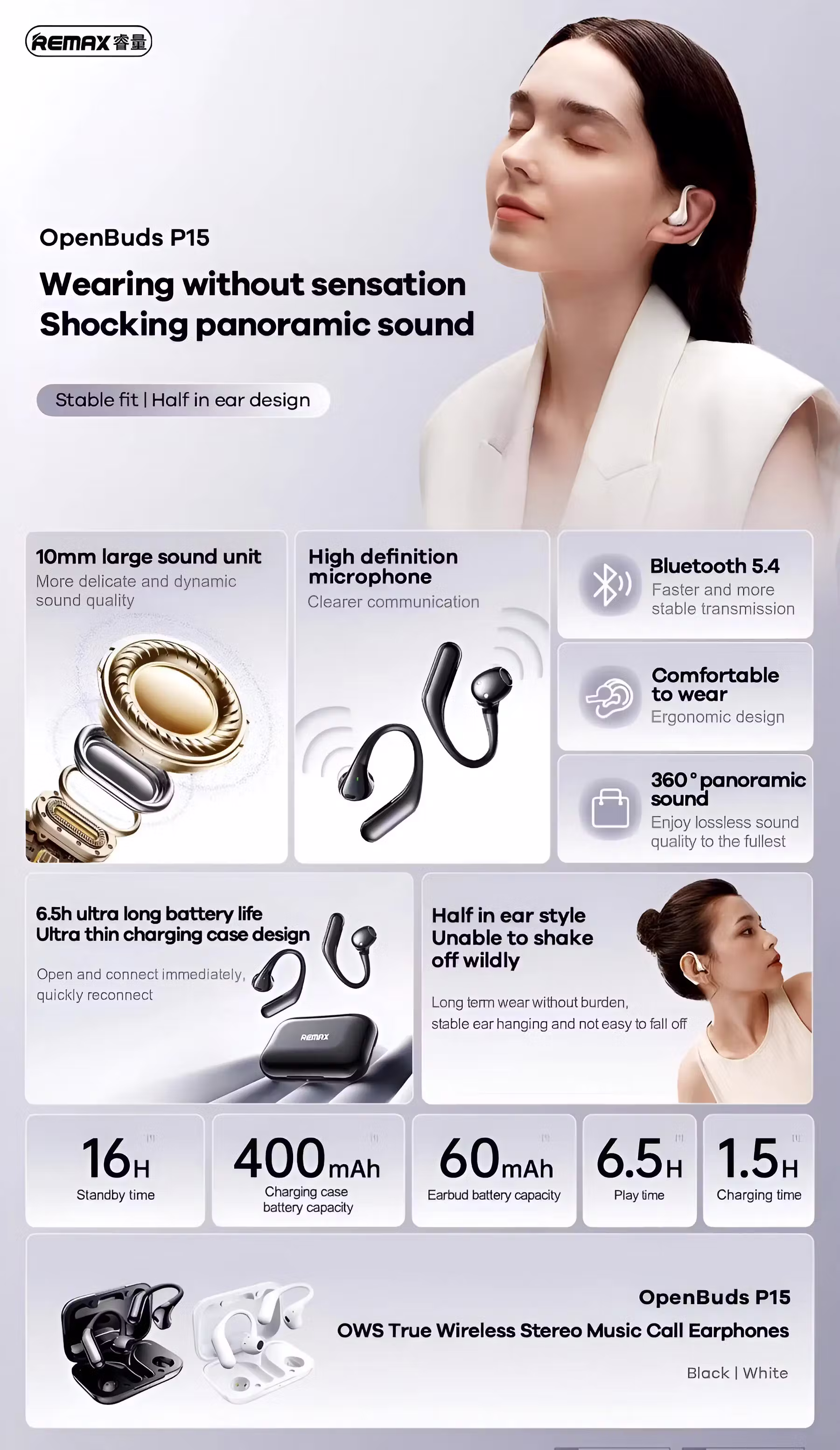 Remax OWS P15 Earbuds Infographic