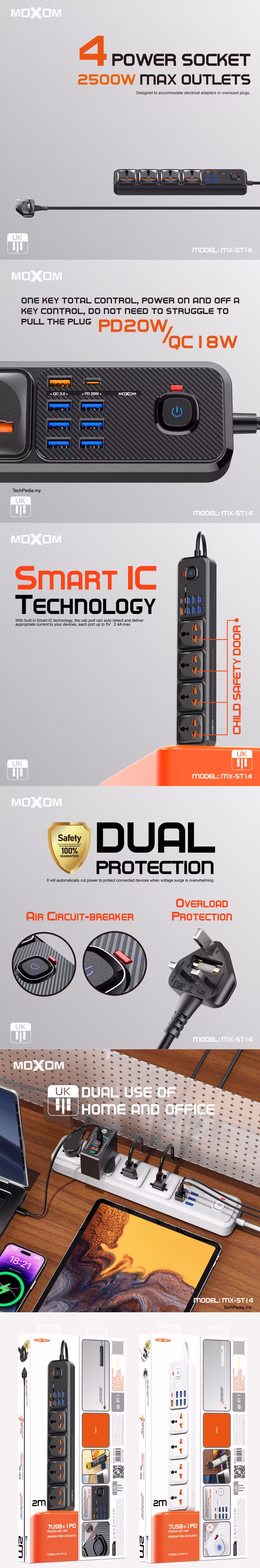 Moxom MX-ST14 Extension Socket Power Strip Infographic