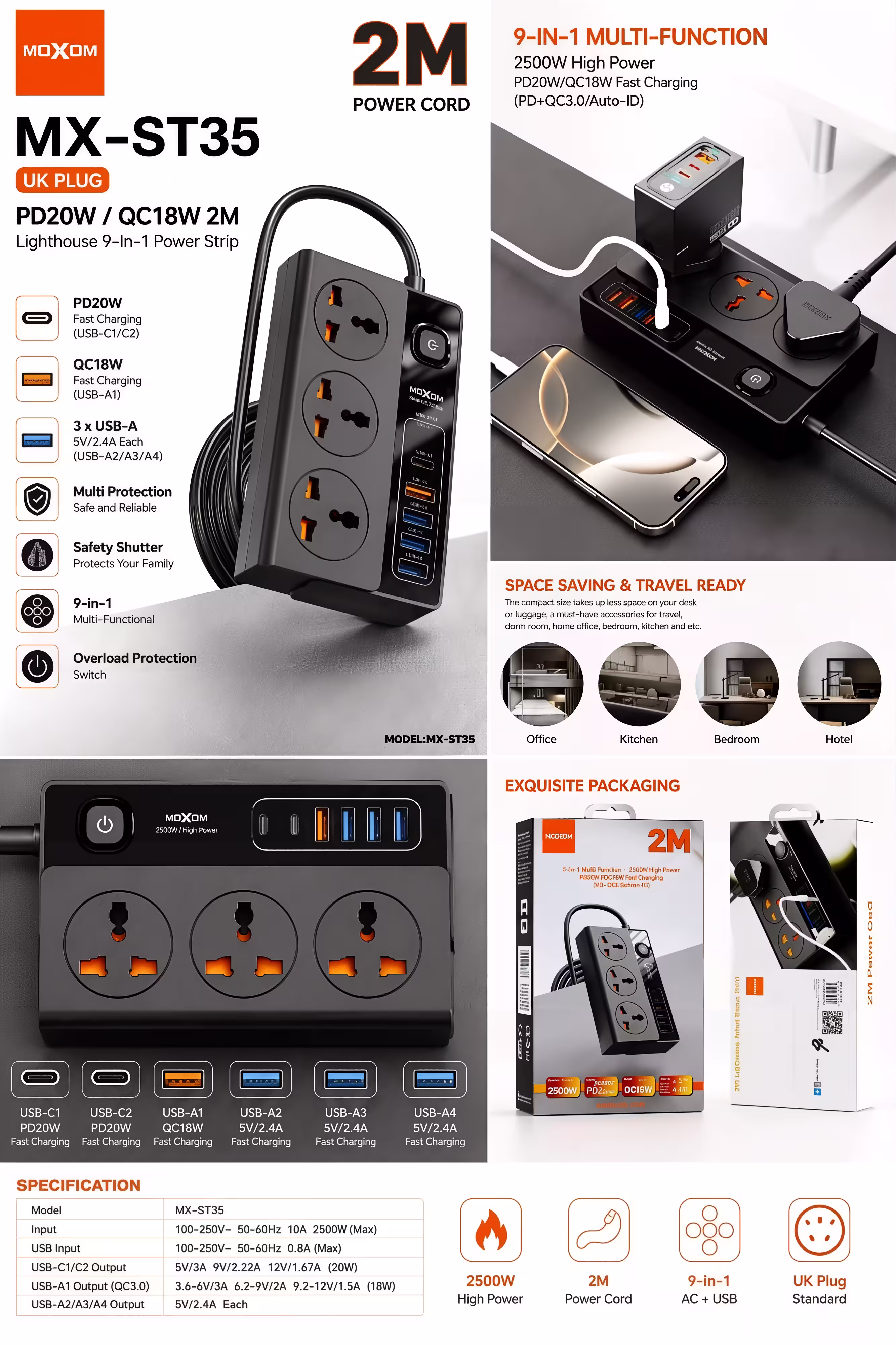 Moxom MX-ST35 9-in-1 Power Strip Infographic