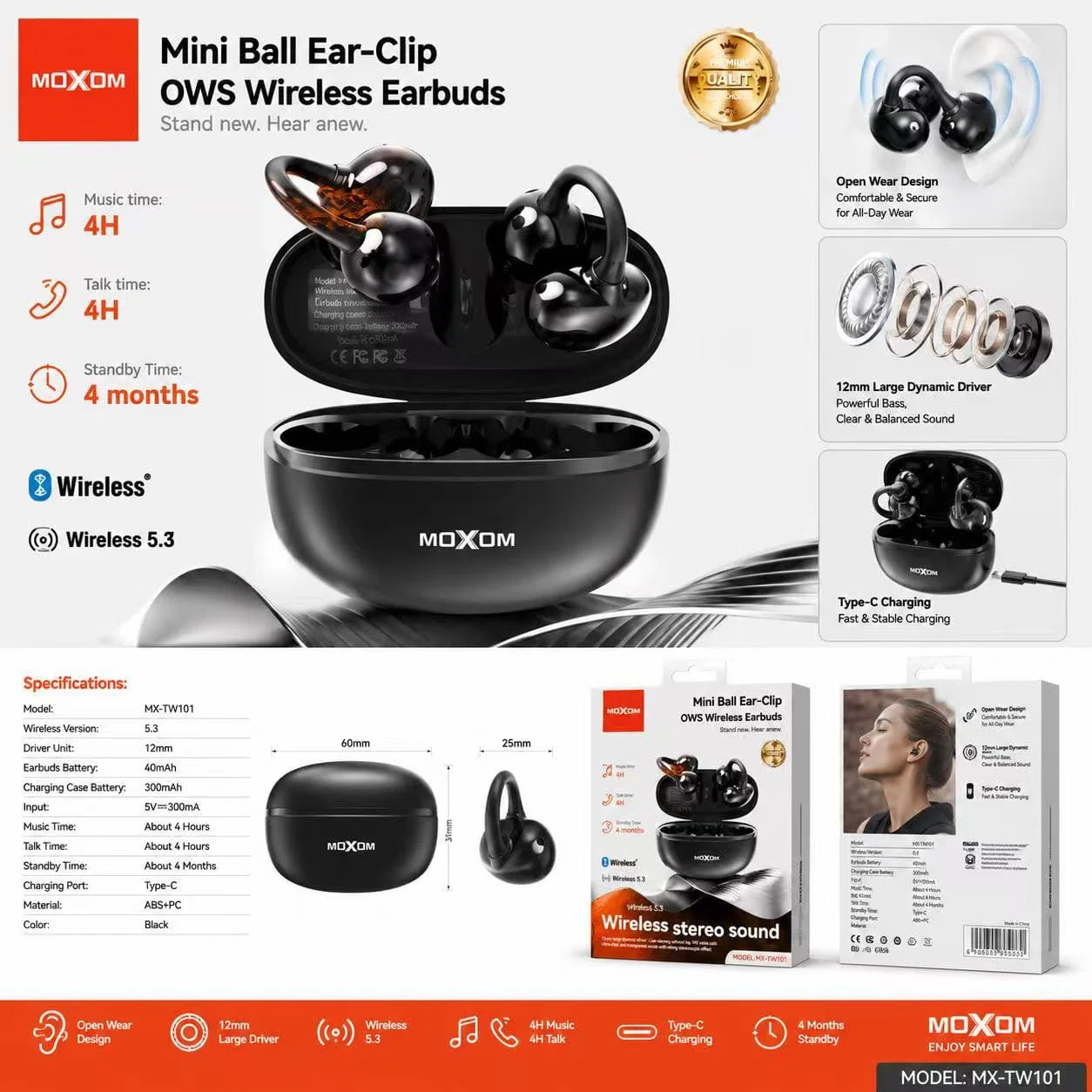 Moxom MX-TW101 Open Ear Earbuds Infographic
